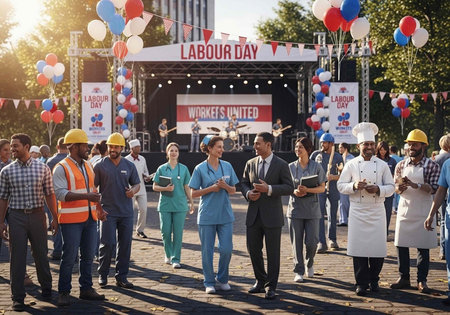 A group of people in various professions, including construction, healthcare, and culinary, march together on Labour Day, showing unity and solidarity.の写真素材