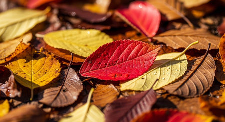A vibrant red leaf stands out among a colorful array of fallen leaves on the groundの写真素材