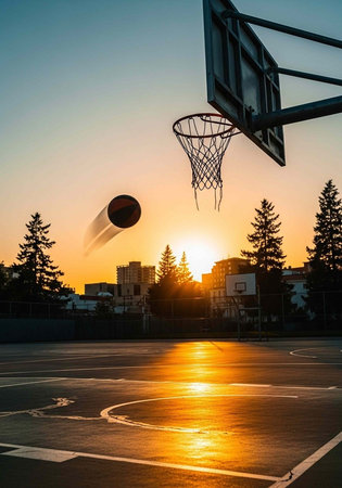 A basketball flies through the air towards a hoop at sunset on an outdoor courtの写真素材