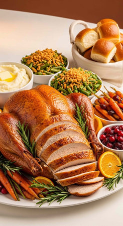 A deliciously arranged Thanksgiving feast on a white table with roasted turkey and various side dishesの写真素材