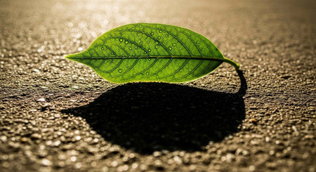 A small green leaf casting a shadow on a textured surface with dew drops glistening in the sunlightの写真素材