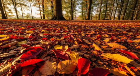 A carpet of vibrant autumn leaves covers the forest floor in a serene natural landscapeの写真素材