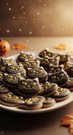 A plate of Halloween cat cookies with chocolate and gold decorations on a table with pumpkins and leavesの写真素材