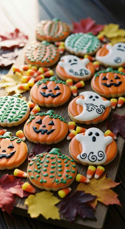 A collection of Halloween cookies decorated with icing and candy on a wooden board with autumn leavesの写真素材