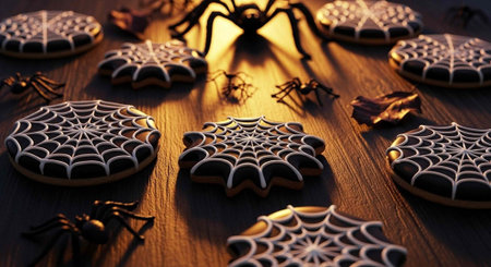 A close-up of Halloween cookies decorated with spider webs and surrounded by plastic spiders on a wooden tableの写真素材