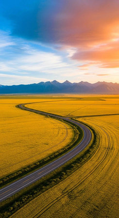 A winding road cuts through a vibrant yellow field under a colorful sunset sky with distant mountainsの写真素材