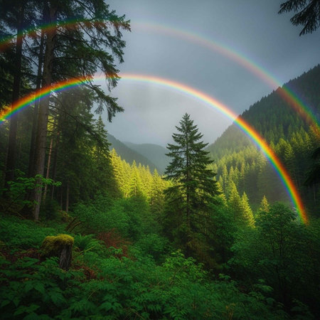 A vibrant double rainbow arcs across a lush green forest with tall trees and a misty mountainous backgroundの写真素材