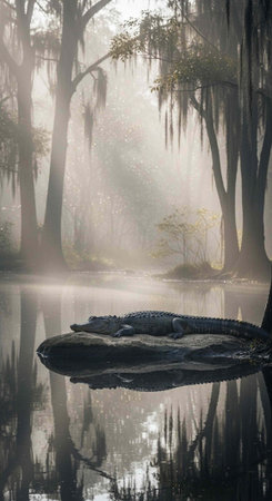 A large alligator rests on a rock in a misty swamp surrounded by trees and calm waterの写真素材