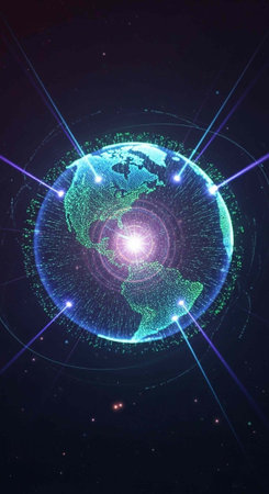 A vibrant digital illustration of the Earth with glowing blue and purple lights in spaceの写真素材