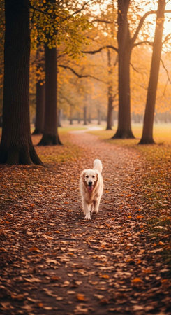 A happy dog runs on a leaf-covered path in a park during autumn with trees in the background.の写真素材