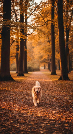 A golden retriever runs happily through a beautiful autumnal forest with vibrant orange leaves on the groundの写真素材