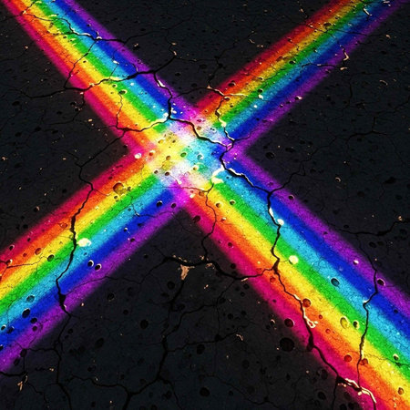 A vibrant rainbow-colored X marked on a dark cracked asphalt surface with water dropletsの写真素材