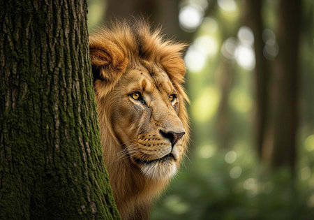 A majestic lion peeking from behind a tree in a serene forest environment with natural lightの写真素材