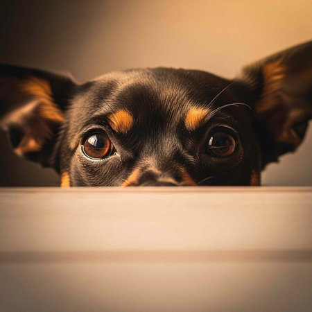 A curious small dog with big brown eyes peeking over a white surface indoorsの写真素材