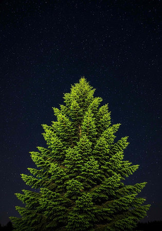 A large evergreen tree stands tall under a starry night sky with a dark blue backgroundの写真素材