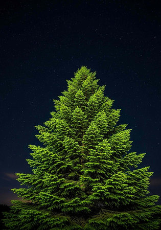A large evergreen tree stands tall under a starry night sky with a dark blue backgroundの写真素材