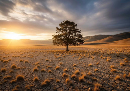 A lone tree stands in a dry, cracked landscape at sunset with hills in the background.の写真素材