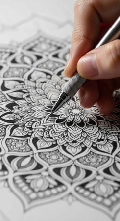 A hand creating intricate artwork with a fine pen on detailed paperの写真素材