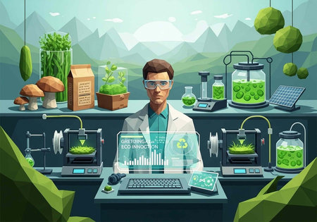 A scientist in a lab surrounded by green technology and sustainable equipment with mountains in the backgroundの写真素材