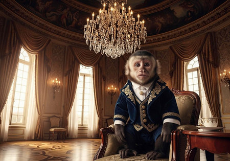 A monkey in a blue and gold suit sits in a luxurious room with a chandelier and large windows.の写真素材