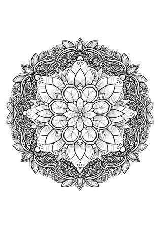 A beautiful black and white mandala drawing with intricate floral patterns and designs on a plain backgroundの写真素材