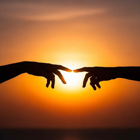 Two hands reaching out to touch each other in front of a vibrant sunsetの写真素材