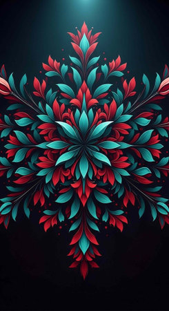 A vibrant floral design with red and blue leaves on a dark background with a spotlightの写真素材