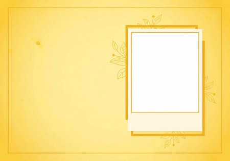A bright yellow background with a white rectangle and floral designsの写真素材