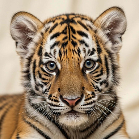 A close-up portrait of a tiger cub with striking orange and black stripes and piercing eyes.の写真素材