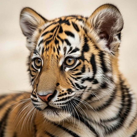 A close-up portrait of a tiger with striking orange and black stripes and piercing yellow eyes.の写真素材