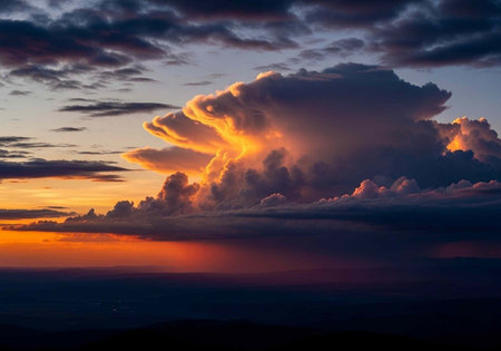 A dramatic cloud formation glows with vibrant orange light during a serene sunset in the skyの写真素材