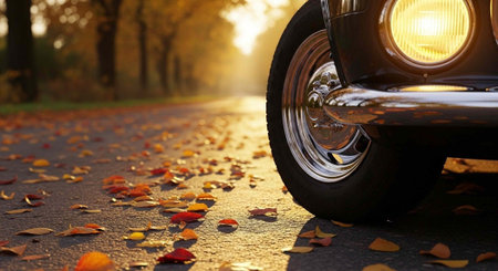 A vintage car drives down a scenic autumn road surrounded by fallen leaves and warm sunlightの写真素材