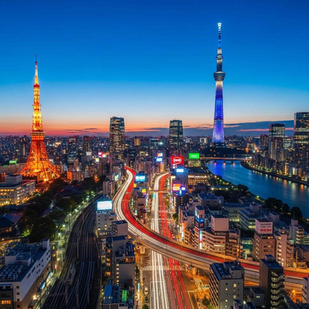 Aerial view of Tokyo's vibrant cityscape at twilight, featuring iconic towers, busy highway, and illuminated buildings.の写真素材