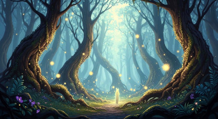A mystical forest with towering trees, glowing fireflies, and a winding path leading to a bright light in the distance.の写真素材
