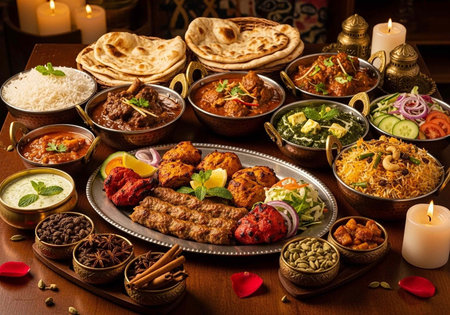 A vibrant and abundant Indian meal setup featuring multiple dishes, flatbreads, and spices on a wooden table with candles.の写真素材