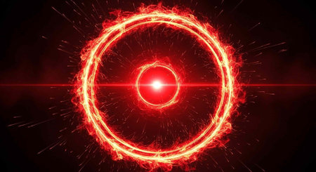 Glowing red circles with fiery edges and a bright central light on a dark background with streaks of lightの写真素材