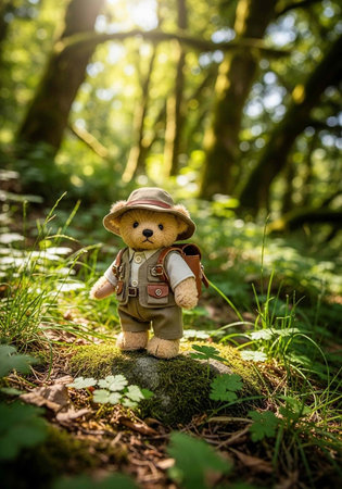 A small teddy bear dressed as an adventurer stands on a mossy rock in a sunlit forest, surrounded by greeneryの写真素材