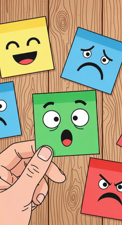 A hand holds a green sticky note with a surprised face among other colorful notes on a wood grain surface.の写真素材