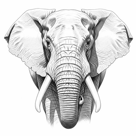 Black and white drawing of an elephant's head with large ears, tusks, and wrinkled skin, looking straight aheadの写真素材