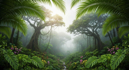 Serene jungle landscape with dense foliage, exotic trees, colorful blooms, and misty light peeking through the canopyの写真素材