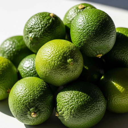 A pile of vibrant green limes with textured skin, stacked on a clean white surface, showcasing their natural beautyの写真素材
