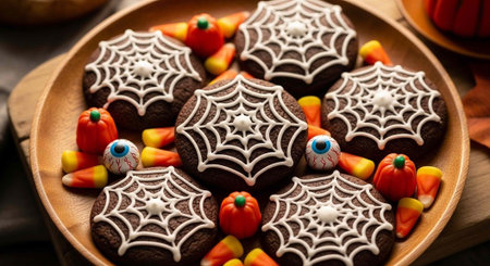 A platter of chocolate spider web cookies surrounded by candy corn, small pumpkins, and eyeball candiesの写真素材