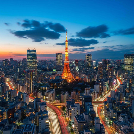 Aerial view of Tokyo city at twilight, Tokyo Tower standing tall with vibrant orange lights, surrounded by bustling cityscape and highwayの写真素材