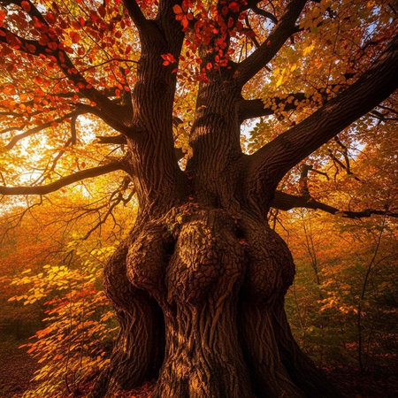 Large tree with thick trunk and branches, surrounded by vibrant orange and red leaves in autumn forestの写真素材