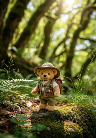 A small teddy bear wearing a hat and backpack stands on a mossy rock in a sunlit forest surrounded by greeneryの写真素材