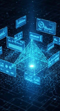 A glowing blue pyramid surrounded by floating digital screens displaying graphs and charts in a futuristic cybernetic environmentの写真素材