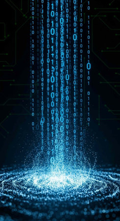 A mesmerizing display of falling binary code in bright blue hues against a dark background with circuit patternsの写真素材