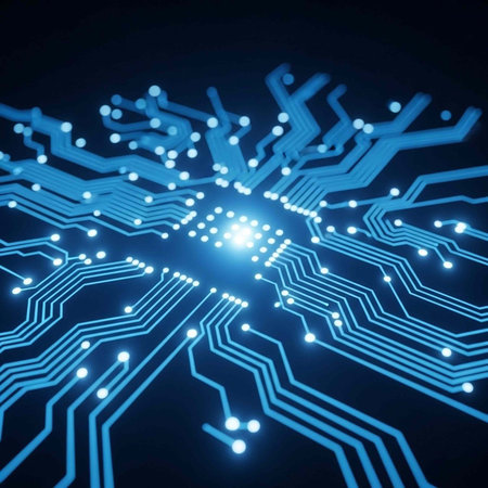 A glowing blue circuit board with bright lights and lines on a dark background, representing technology and innovationの写真素材