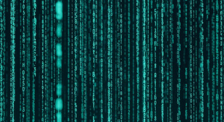 A mesmerizing digital background featuring vertical streams of glowing green code, numbers, and characters on a dark backdropの写真素材