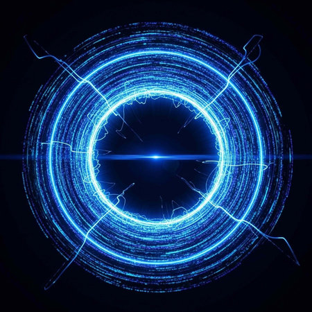 A vibrant electric blue neon circle with glowing lines and lightning effects on a dark background, creating a futuristic visualの写真素材
